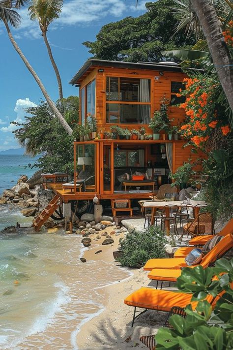 Tiny House Life Idyllic House, Tiny House Beach Cottage, Tropical Tiny House Design, Tropical Tiny House, Tiny House By The Sea, Beach Tiny House Coastal Cottage, Cottage Design Plans, Modern Tropical House, Seaside House