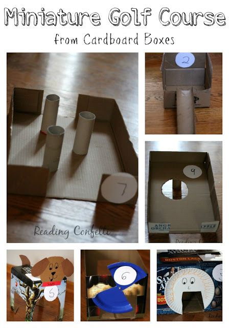 20 Simple Cardboard Box activities for kids! Perfect for all of those leftover boxes from the holidays. #3 will be a huge hit with your kids! Cardboard Games, Carnival Diy, Mini Putt, Indoor Mini Golf, Golf Diy, Crazy Golf, Box Crafts, Golf School, Miniature Golf Course