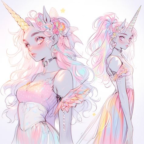 Character reference of a unicorn girl - brigh Unicorn Inspired Outfits, Fantasy Unicorn Art, Unicorn Horn Drawing, Unicorn Humanoid, Unicorn Human Hybrid, Unicorn Satyr, Unicorn Girl Art, Unicorn Oc Human, Unicorn Fursona