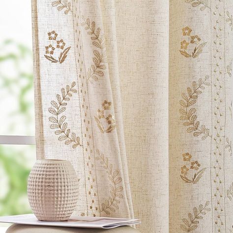 Boho Sliding Door Curtains, Bedroom Curtains Short Window, Patterned Curtains Dining Room, Curtains For Boho Bedroom, Earthy Living Room Curtains, Vintage Style Curtains, Boho Bedroom Window Treatments, Magnolia Curtains Joanna Gaines, Above The Window Decor