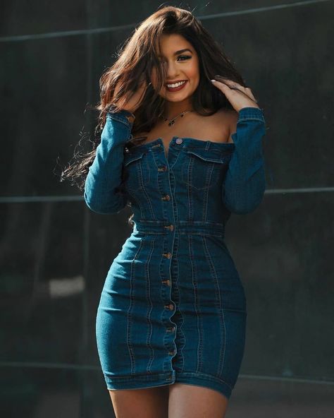 Jean Material Gown Styles, Jean Gown, Material Gown, Demin Outfit, Materials Gown Style, Soft Feminine Outfits, Denim Dress Outfit, Denim Bodycon Dress, Body Con Dress Outfit