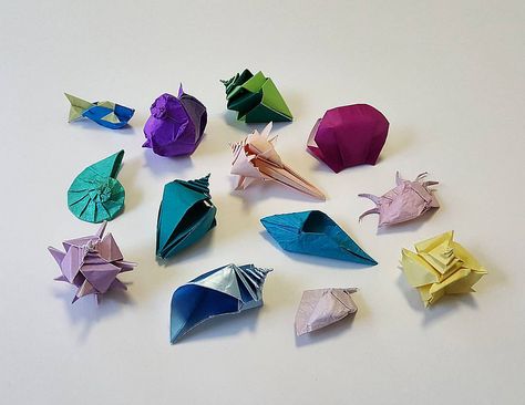 Seeing Finding Dory a few weeks ago prompted me to fold shells. I even added Dory herslef to this collage. If you saw the movie, you'll understand the reference. One of these shells is also my own design ;) Animal Origami, Saw The Movie, Wall Hanging Ideas, Origami Fish, Origami And Kirigami, Origami Patterns, Hanging Ideas, Paper Wall Hanging, Useful Origami