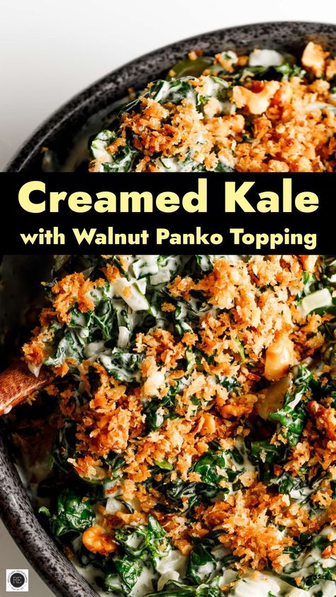 Creamed Kale with Walnut Panko Topping is a fresh spin on creamed spinach, with Tuscan kale, chiles, and a crunchy topping with walnuts. Creamed Spinach And Kale, Creamed Kale Recipes, Tuscan Kale, Creamed Kale, Twice Baked Sweet Potatoes, Kale Recipes, Best Comfort Food, Creamed Spinach, Sweet Potato Casserole