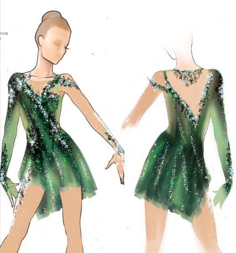 Figur Skating Dress, Green Figure Skating Costume, Ice Skate Costume, Figure Skating Leotards, Competitive Figure Skating, Skating Dresses Ideas, Ice Skating Leotards, Figure Skating Dress Sketch, Figure Skating Outfits Costumes