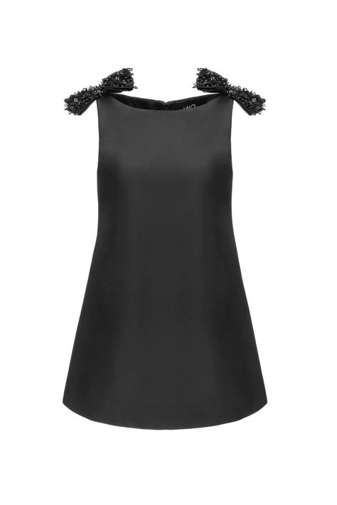 BOW SHOULDER A-LINE MINI DRESS | Lalo | CULT MIA Black Chanel Dress, Plain Mini Dress, Dresses 15, Shopping Wishlist, Black Xs, Classy Dress, Fancy Dresses, Invisible Zipper, Mini Black Dress