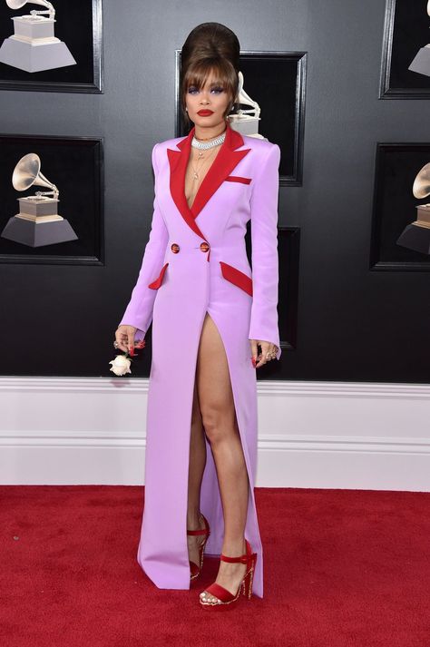 Red carpet, Clothing, Carpet, Suit, Fashion model, Formal wear, Fashion, Pink, Flooring, Dress, Andra Day, Lilac Blazer, Grammy Dresses, Silver Cocktail Dress, Ellie Saab, 90s Runway Fashion, Best Dressed, Red Carpet Dresses, Blazer Fashion