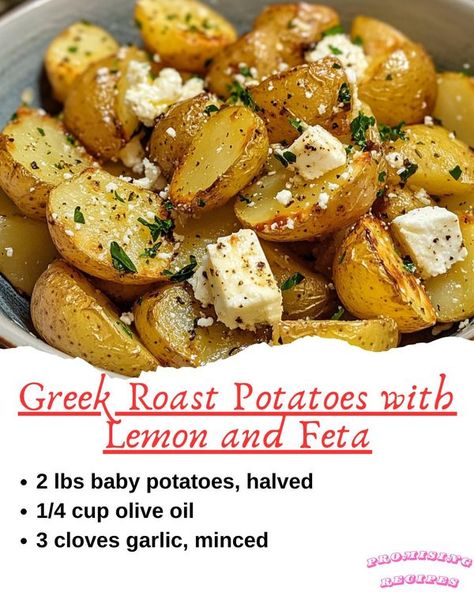 Promising Recipes | 🥔 Greek Roast Potatoes with Lemon and Feta 🍋 | Facebook Feta And Potatoes, Greek Feta Roasted Potatoes, Greek Roasted Potatoes, Recipes Greek, Roasted Potato Recipes, Roast Potatoes, Baby Potatoes, Roasted Potatoes, Potato Recipes