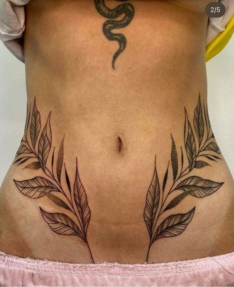 Snake Vines Tattoo, Stomach Tattoos Dainty, Hip Tattoos Women Both Sides, Pretty Stomach Tattoos For Women, Hip Tattoos Women Leaves, Leaves Tattoo Stomach, Woman Belly Tattoo, Thigh And Stomach Tattoo, Tattoo For Belly For Women