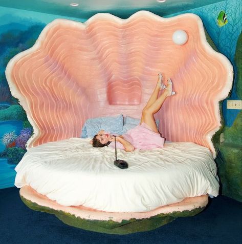 Themed Hotel Rooms, Hotel Tour, Living Space Decor, Honeymoon Suite, Honeymoon Hotels, Bedroom Oasis, Pink Curtains, Shell Collection, Vintage Mermaid