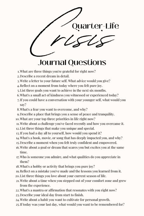 Had my first quarter-life crisis this week—felt lost, didn't know what to do. Found comfort in the little things I could control: cleaned my place, hit the gym, cleared unread messages—anything for a hint of joy and order. Lesson learned: embrace the chaos. Take a moment to soak it in, then grab that pen and journal. Write about where you are, where you've been, and where you're headed. So much can happen in a small amount of time! #journaling #questions #quarterlife #healing #reflecting Quarter Life Crisis Quotes, Quarterlife Crisis, Unread Messages, Mindfulness Journal Prompts, Journal Questions, Quarter Life Crisis, Healing Journaling, Mental Health Facts, Lesson Learned