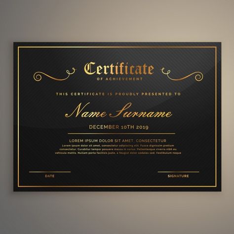 Black certificate with gold ornaments  . Download thousands of free vectors on Freepik, the finder with more than a million free graphic resources Certificate Design Inspiration, Awards Certificates Design, Black Certificate, Free Printable Certificate Templates, Certificate Layout, Diploma Graduation, Certificate Graduation, Diploma Design, Free Certificate Templates