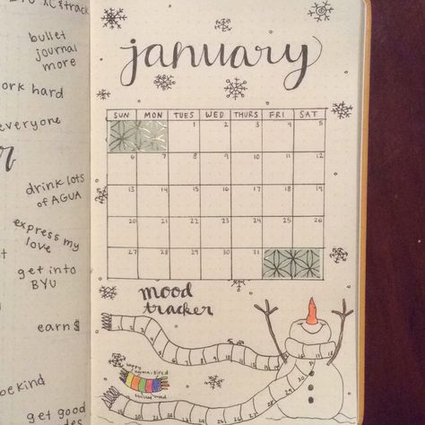 January bullet journal monthly spread/page-- cute snowman habit tracker & calendar #bulletjournal #monthlyspread #january #moodtracker January Aesthetic Month Calender, January Bujo Calendar, Bujo January Monthly Spread, Bulett Journal Ideas January, January Bujo Spread, January Spread Bullet Journal, January Bullet Journal Calendar, January Calendar Ideas, January Monthly Spread