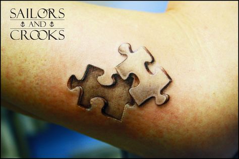 puzzle tattoo - Google Search 3d Puzzle Piece Tattoo, Missing Puzzle Piece Tattoo, Puzzle Piece Tattoo Couples, Missing Piece Tattoo, Puzzle Tattoo Ideas, Jigsaw Tattoo, Puzzle Tattoo, Tato 3d, Puzzle Piece Tattoo