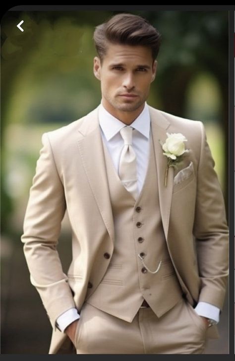 Champagne Wedding Suit Groom Attire, Bride And Groom Tan Suit, Men’s Tan Suits For Wedding, Cream Suit Men Wedding, Tan Tuxedo Wedding, Tan Suits For Wedding, Beige Groom Suit, Beige Wedding Suit, Brown Tux