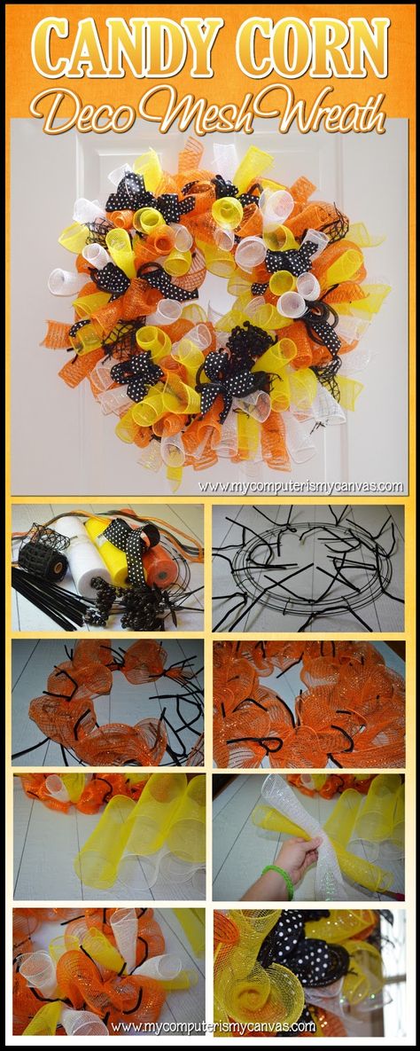 How to Make a Candy Corn Deco Mesh Wreath for Halloween (except you have to watch a youtube video for instructions - the link is on her website). Rag Wreaths, Corn Wreath, Candy Corn Wreath, Wreath Project, Mesh Wreath Diy, Deco Wreaths, Adornos Halloween, Halloween Wreaths, Wreaths And Garlands