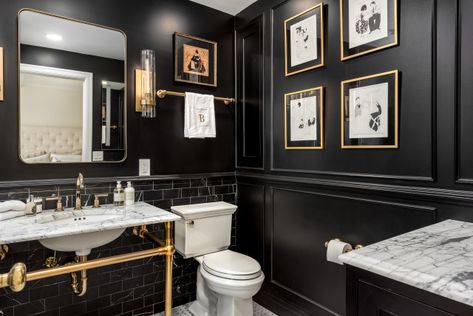 Bathroom of the Week: Dramatic Black Walls and Art Deco Style Bathrooms Makeover, Bath Magic, Colored Tiles, Dark Bathroom, Purple House, Retro Bathroom, Black And White Bathroom, Black White Bathrooms, Primary Bath