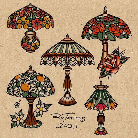 Back at it with my Tiffany lamp obsession! Available in colour and black, link in bio to book ❤️ | Instagram Girly Traditional Tattoo Flash, Traditional Tattoos Women, Traditional Tattoo Drawings, Stained Glass Tattoo, Lamp Tattoo, Whimsical Tattoos, Couples Tattoo, Traditional Tattoo Inspiration, Peacock Feather Tattoo