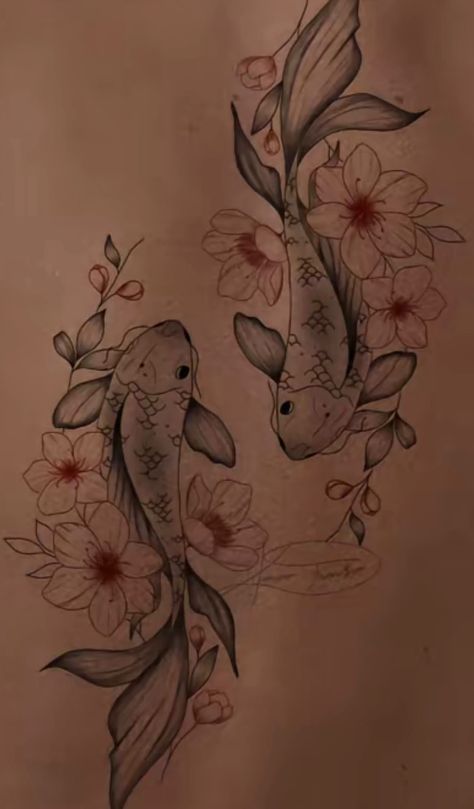 Coy Fish Flower Tattoo, Japanese Coy Fish Tattoo, Koi Fish Thigh Tattoo, Koi Fish Flower Tattoo, Koi Fish Tattoo Design, Betta Fish Tattoo, Coy Fish, Shoulder Blade Tattoo, Koi Fish Tattoo