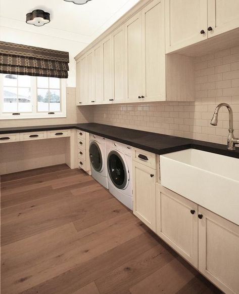 Laundry Room with Cream Cabinets, Transitional, Laundry Room Cream Laundry Room, Mudroom Dog Wash, Bathroom Laundry Room Combo, Laundry Wardrobe, Utility Room Decor, Laundry In Kitchen, White Apron Sink, Mudroom Designs, Laundry Room With Sink