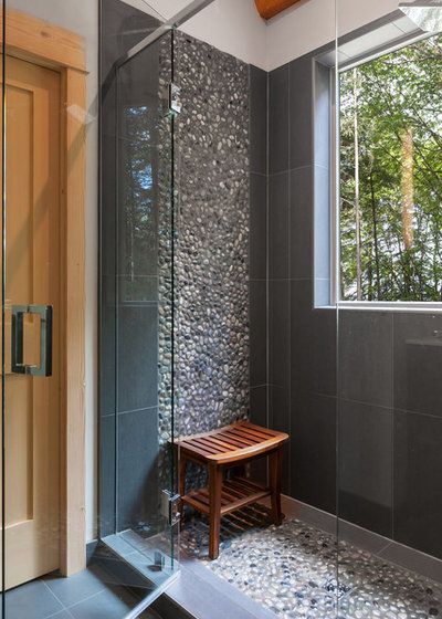 Bring the Pleasures of Water-Smoothed Pebbles to the Bath Pebble Tile Bathroom, River Rock Bathroom, Pebble Tile Shower Floor, Mosaic Pebble, River Rock Shower, Pebble Tile Shower, Pebble Shower Floor, Bathroom Shower Ideas, Pebble Tiles