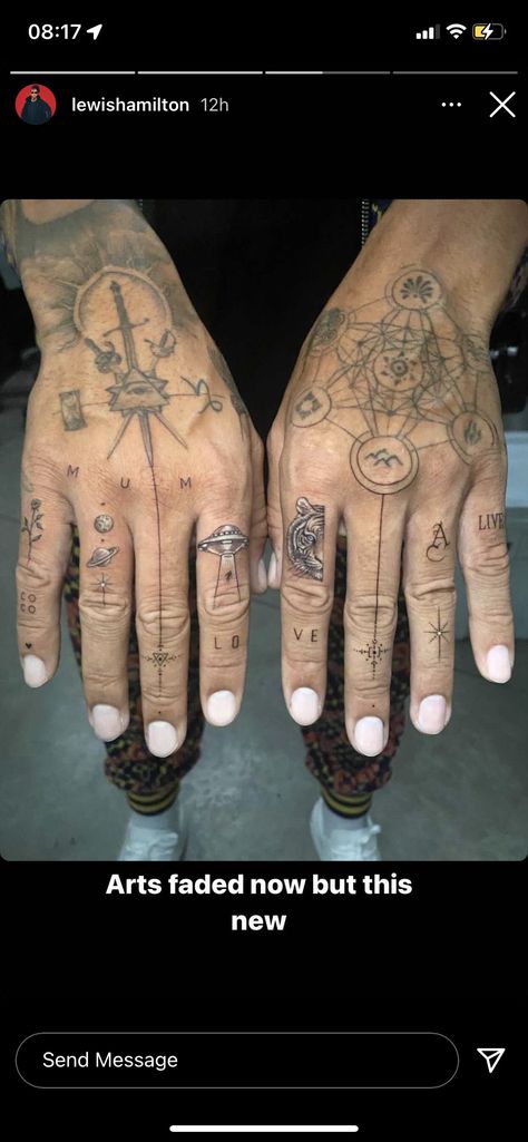 Lewis Hamilton Tattoo, Hamilton Tattoo, Hand Tatts, Viking Drawings, Hand Tatto, K Tattoo, Hand Tattoo, Lewis Hamilton, Alchemy