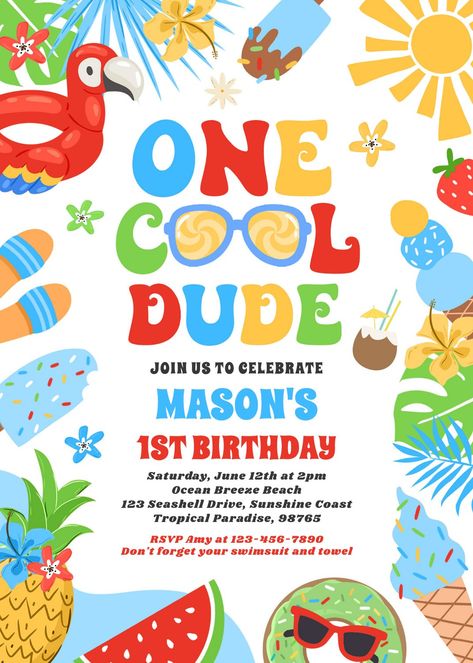 1st birthday invitations one cool dude tropical summer 1st birthday party invitation pool party summer pool party pool birthday party summer birthday party ocean birthday party lake birthday party tropical 1st birthday summer 1st birthday cool one birthday one cool dude Boy Summer Birthday Party Themes, Summer Birthday Party Ideas For Boys 1st, Pool Birthday Party Ideas For Boys, 1st Birthday Pool Party Ideas, Summer Birthday Party Ideas For Boys, Summer First Birthday Party Boy, Summer First Birthday Theme, Tropical 1st Birthday, Summer Birthday Party Ideas