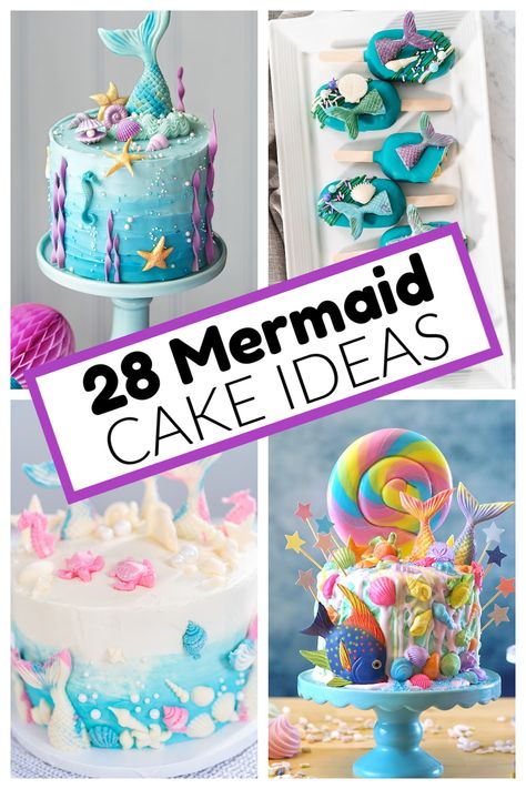 Four different mermaid themed cakes. Mermaid Birthday Cake Ideas Diy, Mermaid Cake Ideas Simple, Halloween Mermaid Cake, Lil Mermaid Cake, Dessert Party Theme, Mermaid Cake 4th Birthday, Mermaid Themed Birthday Cake, Homemade Mermaid Cake, Buttercream Mermaid Cake