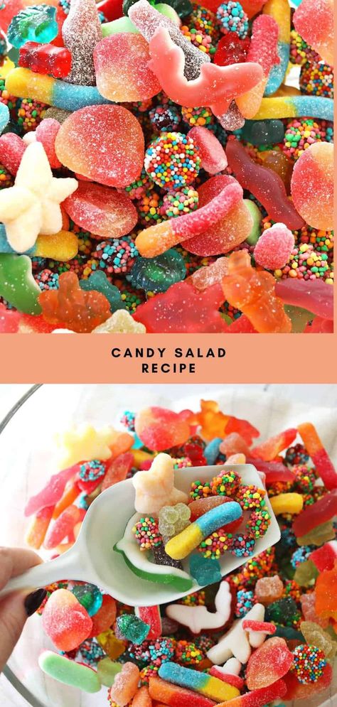 Candy Salad - A Beautiful Mess Halloween Candy Salad, Candy Salad Ideas, Candy Salad Tiktok, Food Mashups, Hawaiian Candy, Girls Night In Food, Spooky Foods, Watermelon Gummies, Orange Julius Recipe