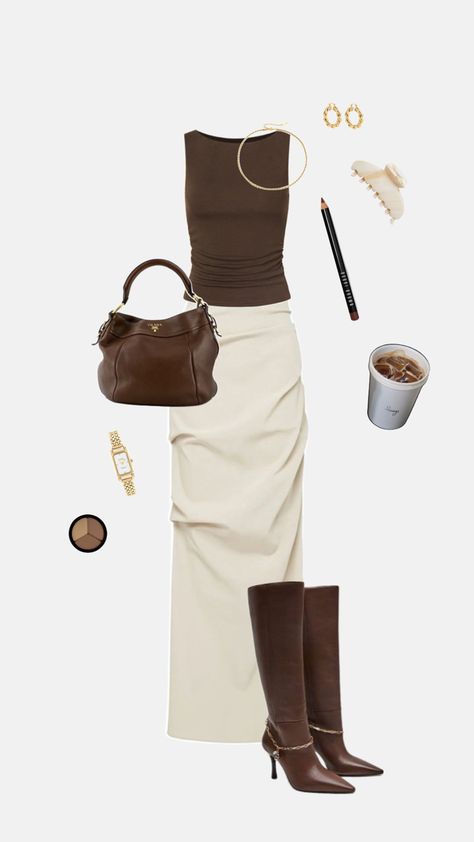 Brown inspired outfit inspo with a boujee twist #quietluxury #outfitinspo #aesthetic #brown #boots #skirt #bag Chocolate Brown Aesthetic, Outfits Inspo Aesthetic, Brown Outfit Aesthetic, Boots Skirt, Aesthetic Brown, Brown Outfit, Winter Skirt, Brown Aesthetic, Fashion Spring