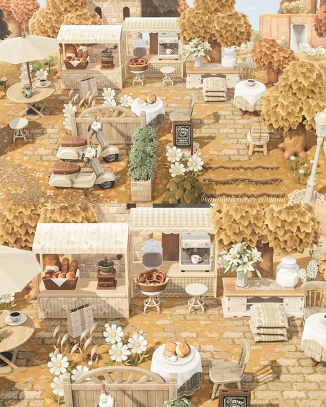 Animal Crossing Outdoor Cafe, Animal Crossing Coffee, Acnh Springcore, Acnh Layout, Cottage Core Animal Crossing, Animal Crossing Cafe, Autumn Animal, Town Inspiration, Cottagecore Animal Crossing