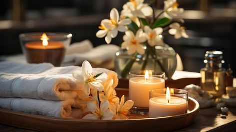 Free photo spa setting with a lit candle... | Free Photo #Freepik #freephoto #peaceful #calm #luxury #leisure Spa Event, Spa Landscaping, Spa Images, Relaxation Spa, Spa Candle, Fluffy Towels, Spa Set, Spa Decor, Relax Spa