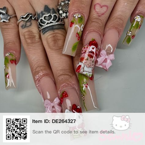 Hello Kitty And Strawberry, Strawberry Shortcake Nails, Exotic Nail Designs, Nails For Sale, Bridal Nails Designs, Brown Nails Design, Cow Nails, Punk Nails, Airbrush Nails