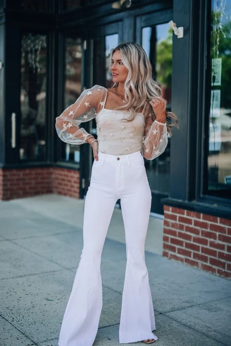 White Bell Bottom Jeans Outfit, White Bell Bottoms Outfit, White Flare Jeans Outfit, White Bachelorette Party Outfit, White Bell Bottoms, Southern Alternative, Bell Bottom Jeans Outfit, White Bachelorette, Bell Bottoms Outfit