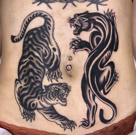 Traditional Style Tiger Tattoo, Panther Stomach Tattoo, Tiger And Panther Tattoo, Panther Back Tattoo, Pinoy Tattoo, Traditional Tattoo Artwork, Tricep Tattoo, Snow Leopard Tattoo, Traditional Panther Tattoo