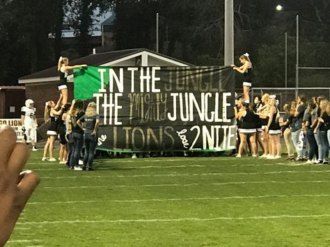 Football Runout Banner In the jungle, the mighty jungle, the lions lose tonight Beat The Lions Football Signs, Jungle Pep Rally, Jungle Football Game Theme, Safari Football Game Theme, Football Banner Ideas, Football Game Signs, Run Through Signs, Cheer Banners, Football Banners