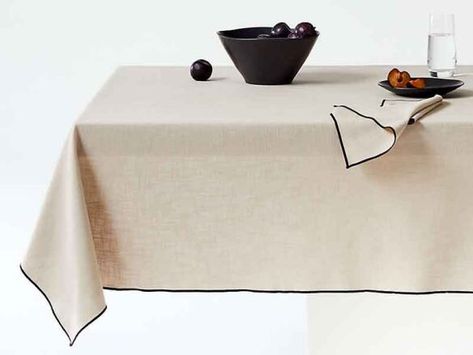 Mercer Merrow-Stitch Warm Natural Organic Cotton Tablecloth Modern Tablecloths, Colorful Dinnerware, Black Embroidery, White Table Cloth, Dining Table Black, Cotton Tablecloths, White Table, Dining Room Living Room, No Matter How