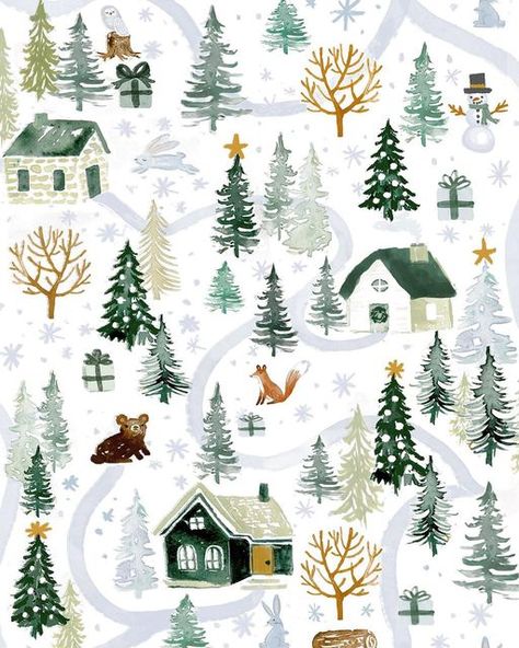 Winter Woodland Illustration, Winter Christmas Illustration, Winter Fabric Prints, Christmas Print Pattern, Winter Pattern Illustration, Christmas Aesthetic Illustration, Snowy Illustration, Pattern Christmas Wallpaper, Christmas Prints And Patterns