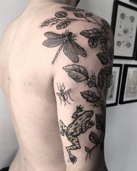 552 Likes, 2 Comments - Rebecca Dewinter (@rebeccadewinterttt) on Instagram: “Saskatoon berry, dragonfly, mosquito and healed frog for Michael.” Tattoo Sleeve Botanical, 16 Tattoo, Nature Tattoo Sleeve, Insect Tattoo, Bug Tattoo, Nature Tattoo, 3 Tattoo, Back Of Shoulder Tattoo, Butterfly Tattoos