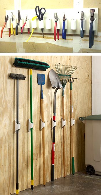 Garage Storage Inspiration, Garage Organisation, Storage Shed Organization, Garage Organization Diy, Garage Tool Storage, Diy Garage Door, Tool Storage Diy, Pvc Pipes, Garden Tool Storage