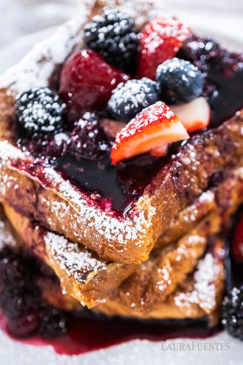 Blueberry French Toast (Family Favorite) | Laura Fuentes Laura Fuentes Recipes, Blackberry French Toast, French Toast Batter, Delicious French Toast, Classic French Toast, Cinnamon Syrup, Make French Toast, Blueberry Syrup, Blueberry Sauce