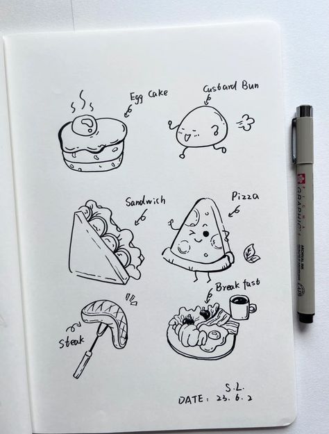 Doodle Art Food Ideas, Mini Food Drawings, Mini Drawings Doodles, Notebook Drawing Ideas, Cute Doodles To Draw, Doodles To Draw, Food Doodles, Notebook Drawing, Pen Art Drawings