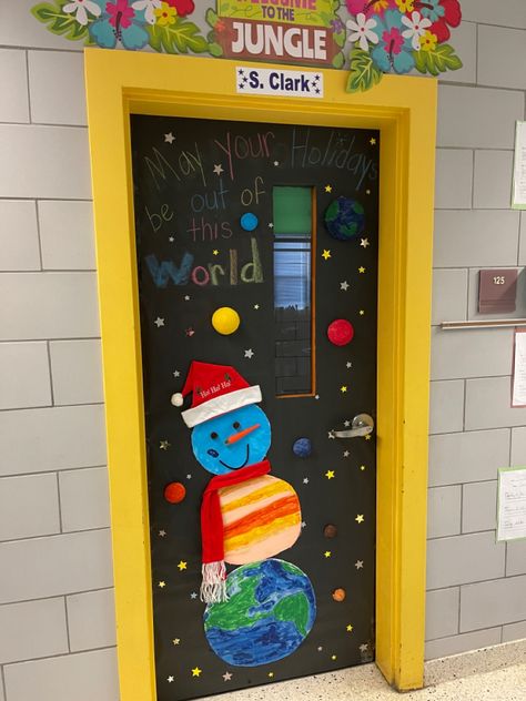 Door Decorations Classroom Christmas Science, Science Theme Christmas Door, Holiday Around The World Door Decoration, Christmas Around The World Door Decor, First Grade Christmas Door Decoration, Christmas Themed Teacher Doors, Teacher Door Decorations, Door Decorations Classroom Christmas, Classroom Window