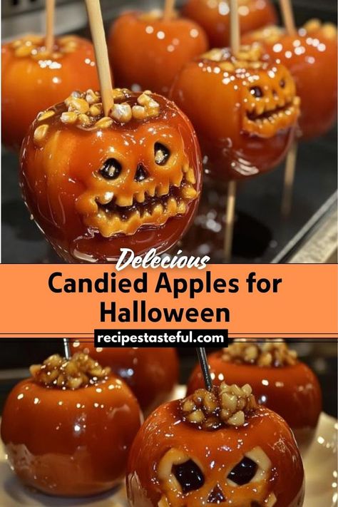 These candied apples are a festive Halloween treat that combines the crisp tartness of fresh apples with a sweet, crunchy candy coating. Perfect for Halloween parties or as a fun treat, these apples are easy to make and customizable with color and toppings. Candied Apples Slices, Colored Candy Apples, Halloween Candy Apples, Gourmet Candy Apples, Candied Apples, Candy Apple Recipe, Halloween Apples, Spooky Candy, Halloween Pumpkin Carving Stencils