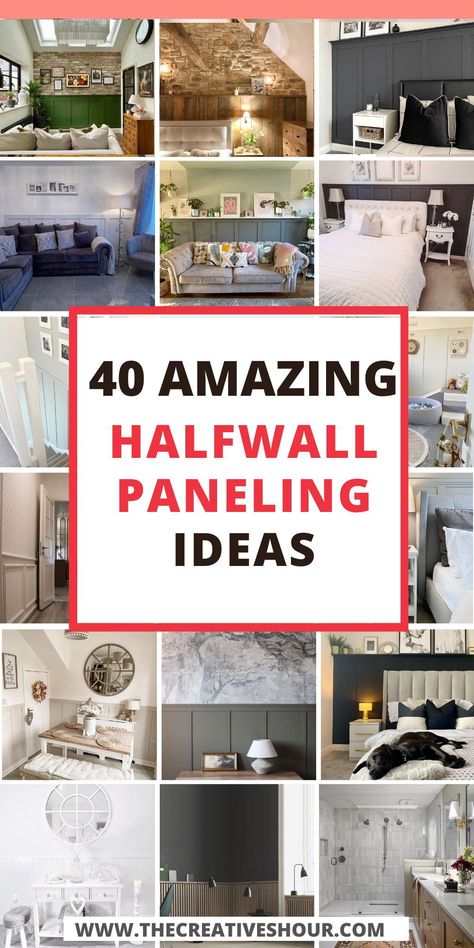 Discover the charm of halfwall paneling in your bedroom and bathroom with these DIY inspirations. Unlock endless ideas for a cozy and stylish space! #HalfwallPaneling #IdeasBedroom #DIY #IdeasBathroom Hall With Panelling, Two Tone Walls With Wallpaper, Half Wall Waynes Coating, Ideas For Paneling Walls, Wall Panelling Bathroom Ideas, White Panel Board Wall, Wooden Half Wall Panels, Half Brick Accent Wall, Wood Designs On Walls Home Decor