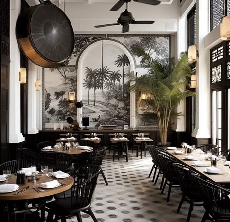 Restaurant Interior Design Black And White, Fine Dining Restaurant Design, British Colonial House, Black And White Colonial, Warm Dining Room, Contemporary Colonial, Colonial Interior Design, British Colonial Decor, Small Cafe Design