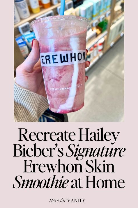 Save money and get glowing skin with this homemade version of Hailey Bieber's famous $20 Erewhon smoothie!  This viral strawberry smoothie recipe includes all the skin-loving ingredients from the original: collagen, sea moss, avocado, and more. The perfect dupe for the trendy LA drink everyone's talking about! Smoothie Recipes Erewhon, Erewon Smoothie Recipes, Erewhon Hailey Bieber Smoothie Recipe, Haley Bieber Smoothie, Hailey Bieber Smoothie Recipe, Erewhon Smoothie Recipes, Erewhon Recipes, Meals To Build Muscle, Antioxidant Rich Foods