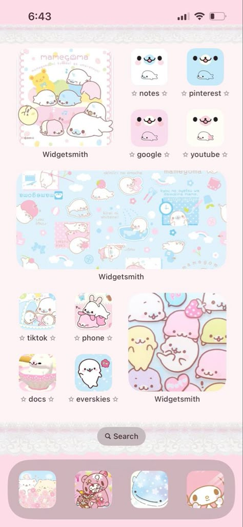 Cinamoroll Theme Phone, Phone Themes Sanrio, Kawaii Iphone Layout, Iphone Sanrio Theme, Mamegoma Wallpapers, Kawaii Homescreen, Homescreen Layout Kawaii, Kawaii Ios Homescreen, Kawaii Keyboard