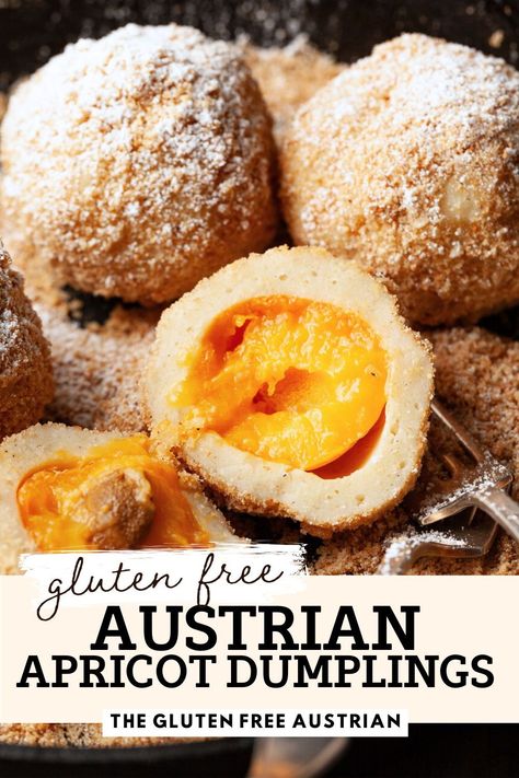 Discover Austria's famous Marillenknödel (Austrian Apricot Dumplings) gluten-free and perfect for apricot season. Sweet apricots wrapped in dough, boiled, and coated in a toasted gluten free breadcrumb topping. Gluten Free Austrian, Apricot Dumplings, Gluten Free Fruit Desserts, Gluten Free Linzer Cookies, Austrian Food, Breadcrumb Topping, Discard Recipe, Famous Desserts, Apricot Recipes