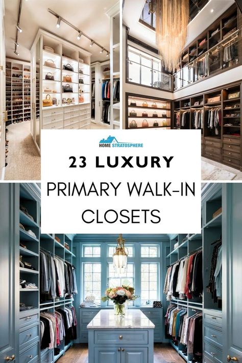 A collage of luxurious walk-in closets with custom shelving, elegant lighting, and spacious storage options for clothing, shoes, and accessories. Closet Ideas Luxury, Luxury Walk In Closet Ideas, Master Walk In Closet Ideas, Luxury Primary Bedroom, Luxury Walk In Closet, Master Walk In Closet, Walk In Closet Ideas, Master Closet Design, Walk In Closet Design