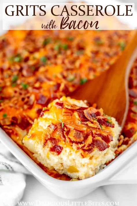 Bacon Grits Casserole, Grit Casserole Recipes, Grits Casserole Breakfast, Bacon Casserole Breakfast, Egg And Bacon Casserole, Breakfast Casserole With Grits, Grit Casserole, Grits And Bacon, Sweet Grits